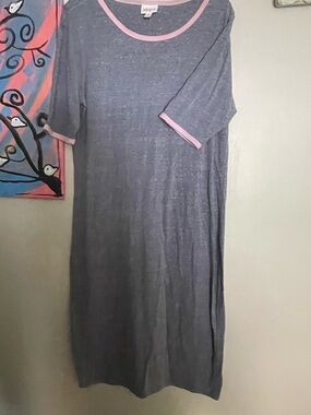 LuLaRoe Julia Grey Midi Dress with Pink Trim